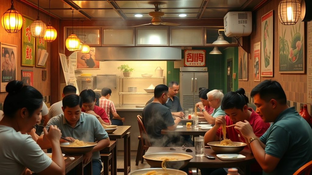 Interior of busy traditional Vietnamese pho restaurant with open kitchen visible in background, steaming broth pots, customers at communal tables slurping noodles, aromatic steam rising, authentic décor with Vietnamese posters, warm incandescent lighting creating intimate atmosphere