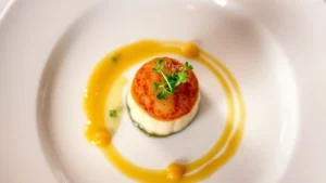 Overhead view of an elegantly plated fine dining dish featuring perfectly seared scallop with golden crust, microgreens, and artistic sauce swirl on white ceramic plate, professional kitchen lighting, luxury restaurant setting