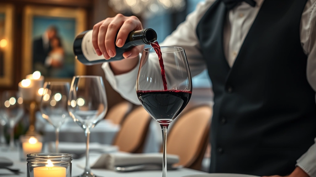 Close-up of a sommelier in black vest pouring red wine into crystal glasses at an upscale restaurant table, soft candlelight, blurred elegant dining room background, wine bottle visible with refined label