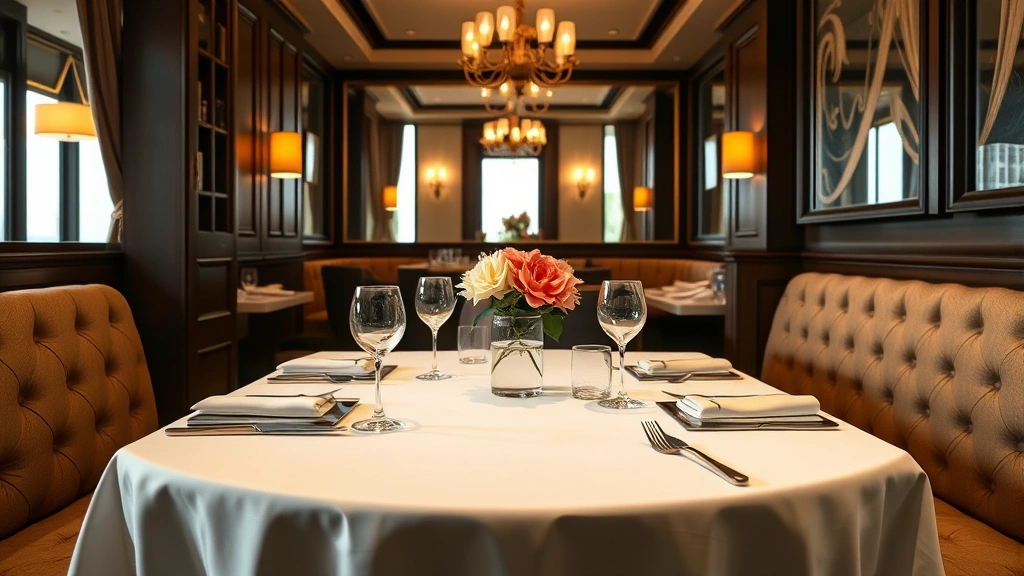 Refined restaurant interior showing intimate table setting with white tablecloth, place settings with multiple forks, soft warm lighting, elegant floral centerpiece, private booth seating in luxury establishment