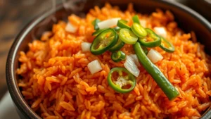 Steaming bowl of rich, reddish-orange jollof rice with perfectly separated grains, garnished with fresh green peppers and onions, vibrant and aromatic
