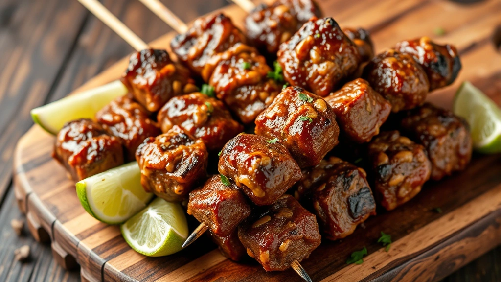Beautifully charred suya meat skewers coated in spiced peanut mixture, glistening with moisture, arranged on a rustic wooden board with lime wedges