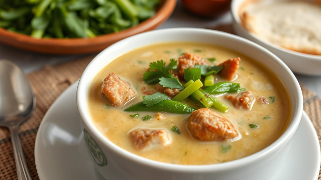 Creamy egusi soup in white ceramic bowl with silky texture, topped with vibrant green vegetables and tender meat pieces, traditional African dining setting