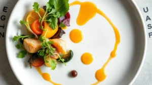 Overhead shot of a beautifully plated contemporary American dish with seasonal vegetables, microgreens, and artistic sauce work on white ceramic plate with soft natural lighting