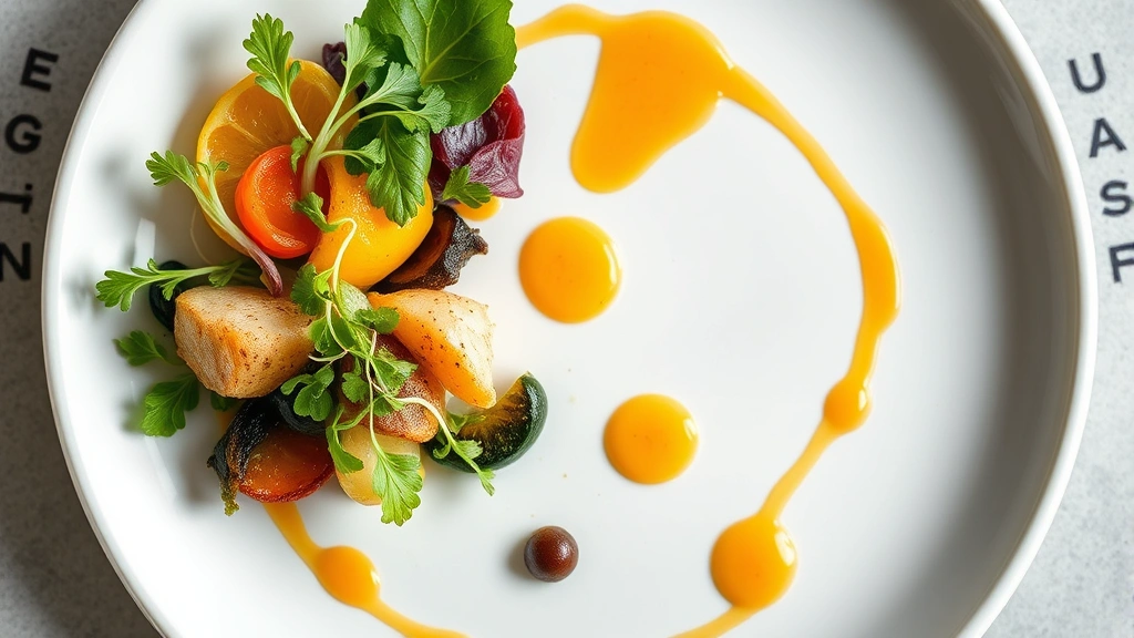 Overhead shot of a beautifully plated contemporary American dish with seasonal vegetables, microgreens, and artistic sauce work on white ceramic plate with soft natural lighting