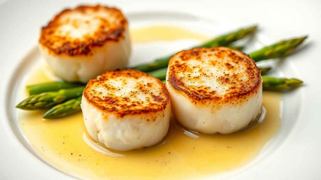 Close-up of perfectly seared scallops with golden crust, served with buttered asparagus and lemon beurre blanc on elegant white plate, professional culinary photography