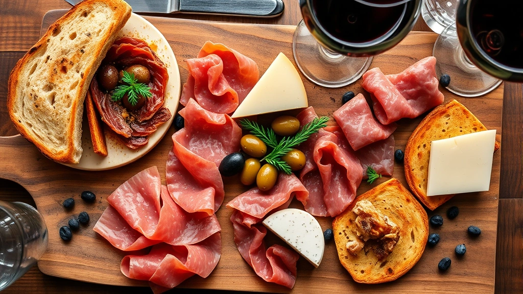 Vibrant overhead composition of tapas-style small plates featuring Spanish cured meats, aged cheeses, olives, and crusty bread on rustic wooden board with wine glasses