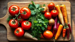 Overhead shot of a rustic wooden cutting board displaying vibrant seasonal vegetables—heirloom tomatoes, fresh herbs, and colorful root vegetables with morning dew, natural lighting from window