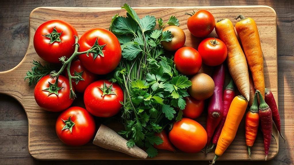 Overhead shot of a rustic wooden cutting board displaying vibrant seasonal vegetables—heirloom tomatoes, fresh herbs, and colorful root vegetables with morning dew, natural lighting from window
