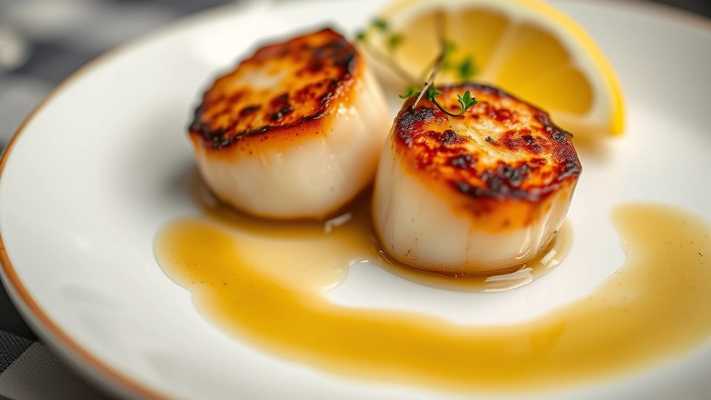 Close-up of perfectly seared scallops on a white ceramic plate with delicate microgreens, lemon wedge, and pooled brown butter sauce, shallow depth of field highlighting texture