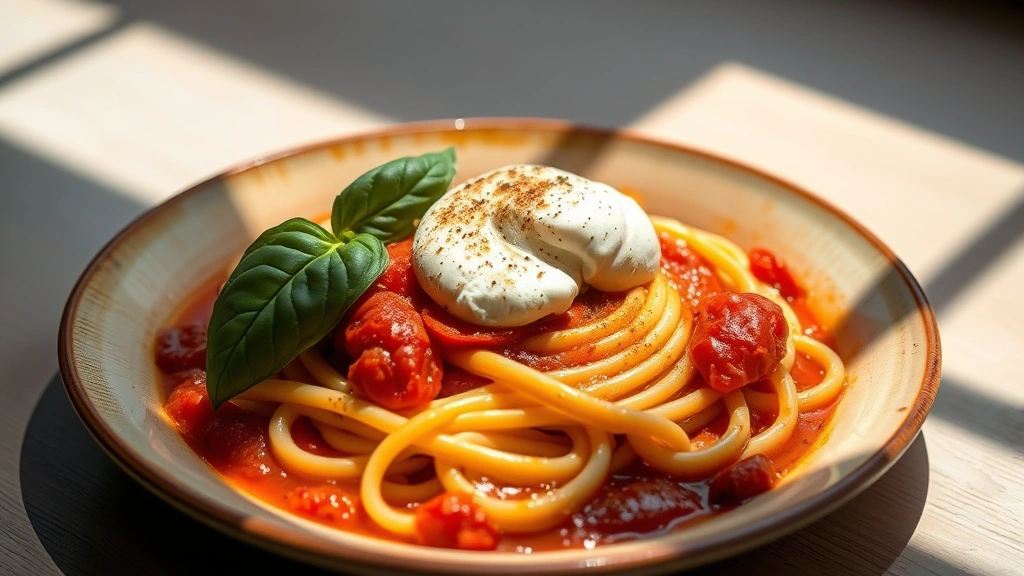 Artfully plated handmade pasta with fresh basil, burrata cheese, and vibrant tomato sauce on a warm ceramic dish, soft natural light creating appetizing shadows and highlights