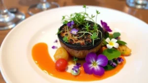 Artfully plated vegan tasting menu course featuring charred mushroom, microgreens, edible flowers, and vibrant vegetable purée on white ceramic plate, restaurant setting