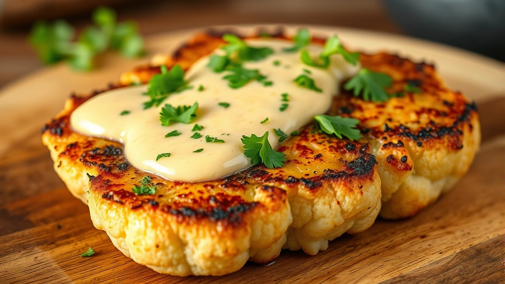 Close-up of perfectly seared cauliflower steak with caramelized crust, topped with creamy cashew sauce and fresh herbs, rustic wooden table background