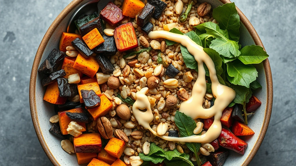 Overhead view of colorful grain bowl with roasted root vegetables, fermented greens, nuts, seeds, and tahini drizzle, natural daylight, appetizing composition