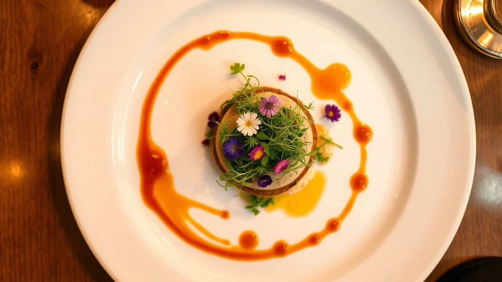 Overhead view of artfully plated fine dining dish with microgreens, edible flowers, and artistic sauce drizzle on white ceramic plate, warm restaurant lighting