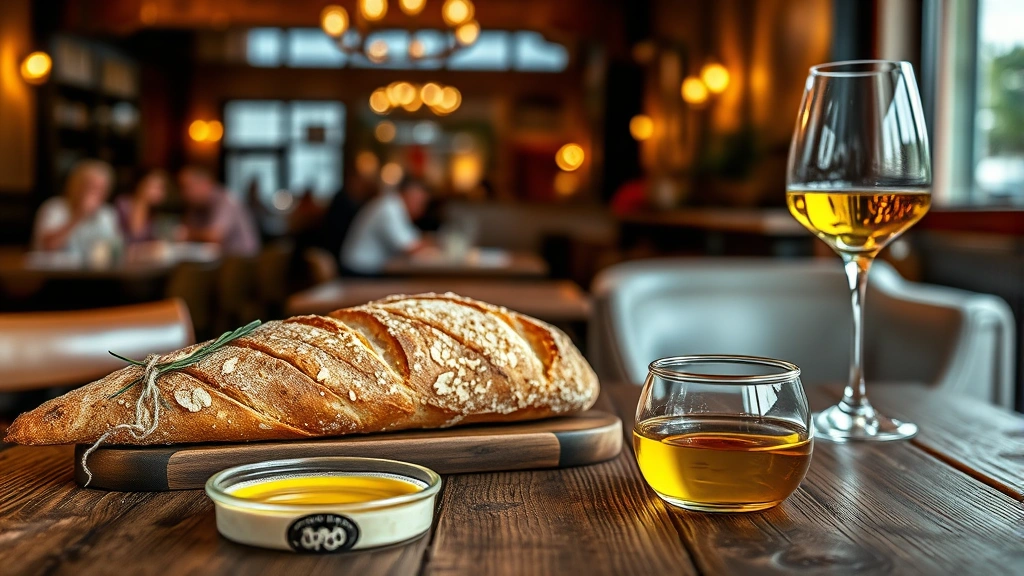 Rustic wooden table setting with fresh bread, olive oil, wine glass, and blurred restaurant interior with warm ambient lighting and diners in background