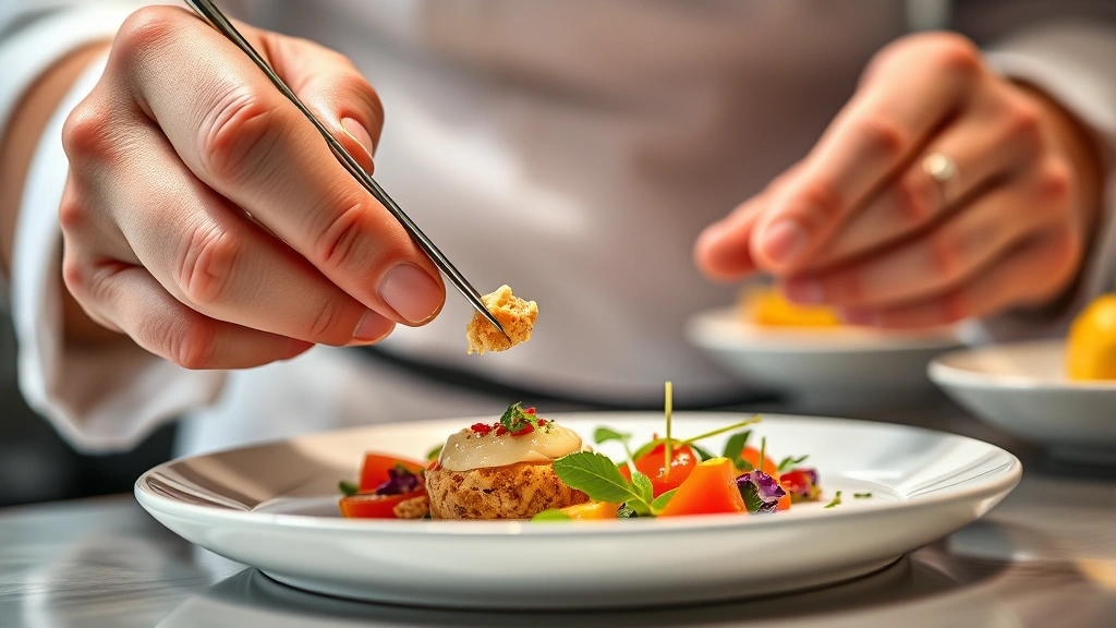 Close-up of chef's hands carefully plating a delicate appetizer with tweezers, vibrant colorful ingredients, professional kitchen background with subtle bokeh
