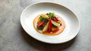 Overhead shot of artfully plated fine dining dish with seasonal vegetables, microgreens, and elegant sauce drizzle on white ceramic plate with soft natural lighting