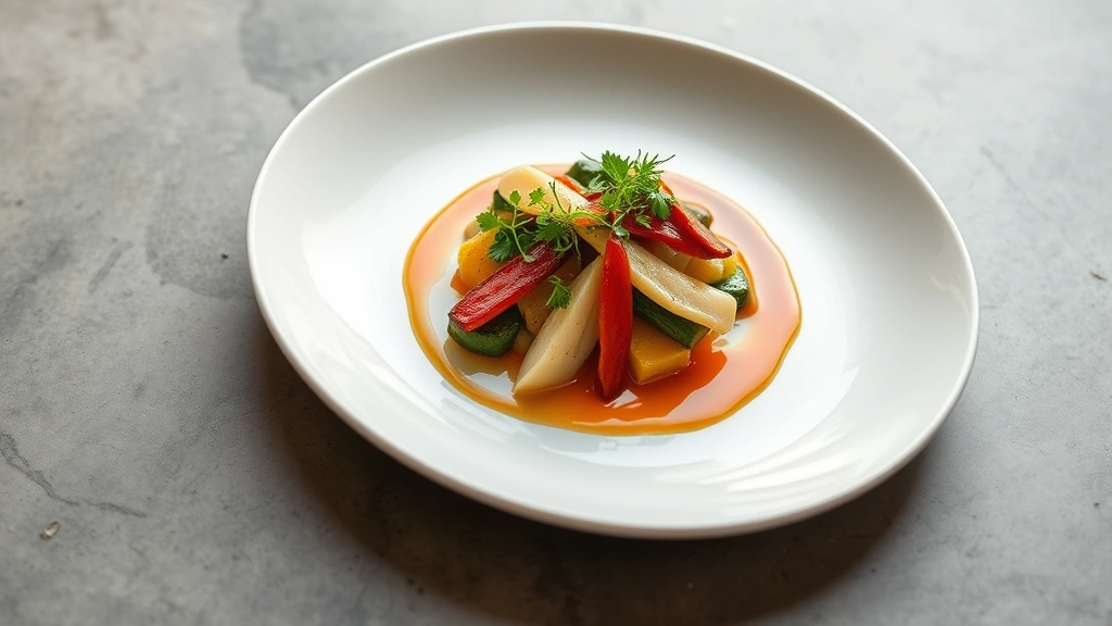 Overhead shot of artfully plated fine dining dish with seasonal vegetables, microgreens, and elegant sauce drizzle on white ceramic plate with soft natural lighting