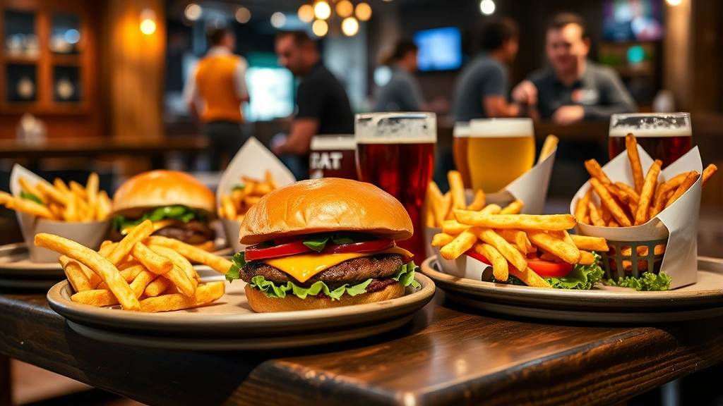 Rustic wooden table laden with casual comfort food including gourmet burgers, crispy fries in paper cones, and craft beer glasses in warm restaurant lighting