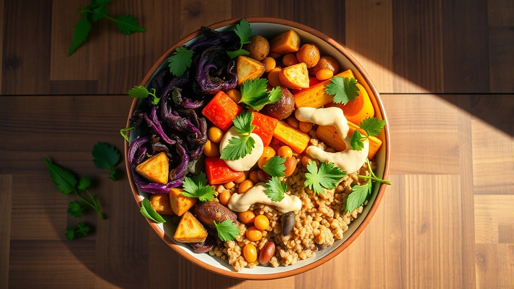 Vibrant overhead view of colorful vegetarian Buddha bowl with roasted vegetables, grains, legumes, fresh herbs, and tahini dressing on wooden surface with natural sunlight
