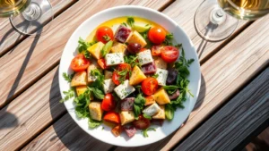 Overhead view of colorful Mediterranean salad with fresh vegetables, olive oil drizzle, and herbs on white ceramic plate at wooden outdoor table with natural sunlight casting shadows, wine glass beside