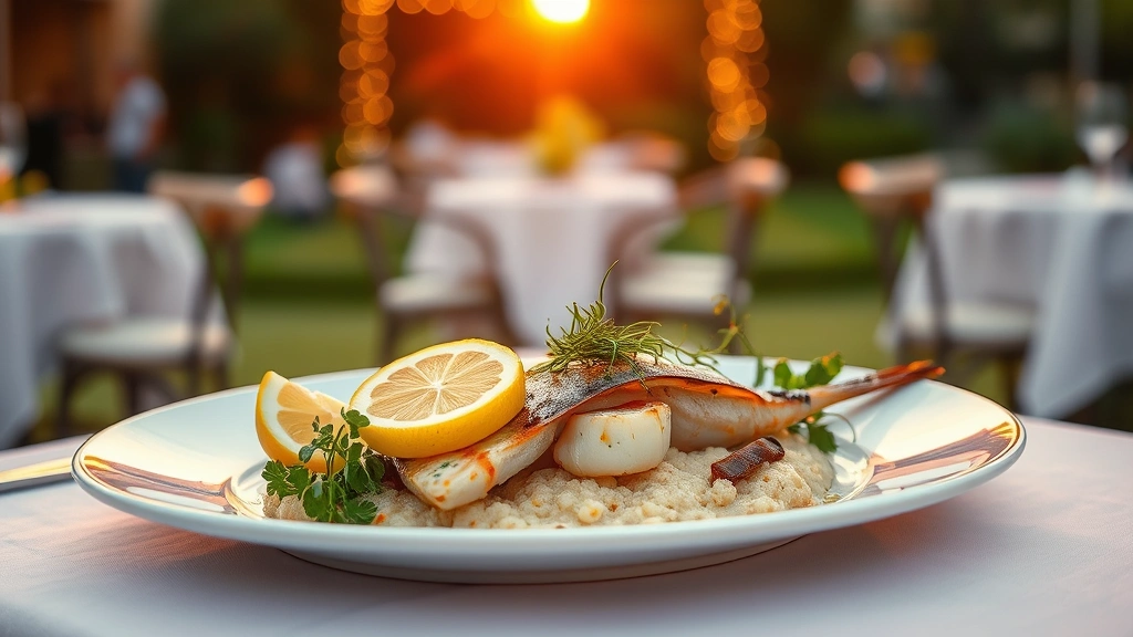 Sunset golden hour lighting on elegant plated seafood dish with lemon garnish and microgreens, outdoor garden setting with soft bokeh lights, white tablecloth, professional restaurant presentation