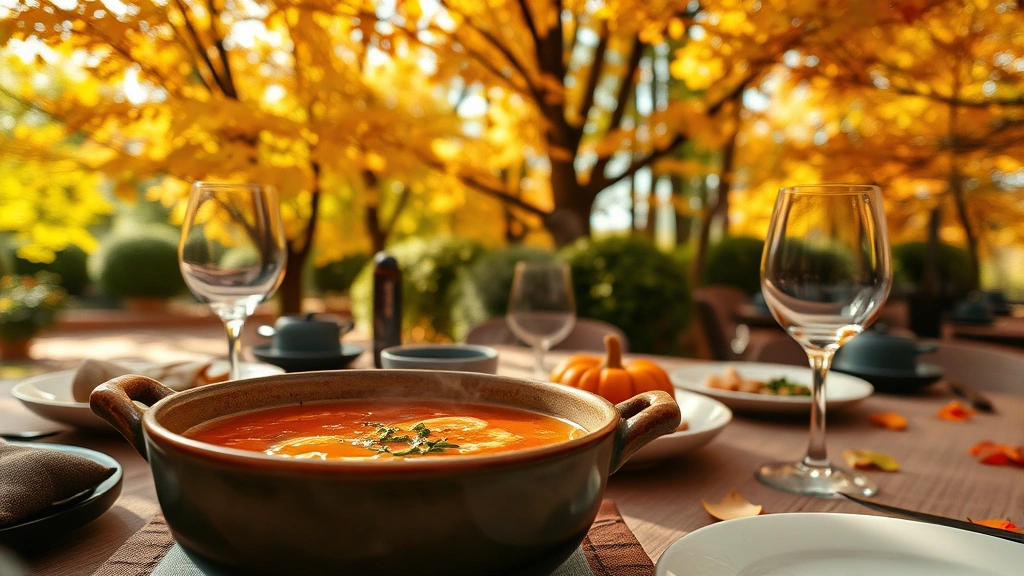 Vibrant fall outdoor dining scene with warm-toned autumn foliage overhead, steaming hot soup in ceramic bowl with herbs, wine glasses, and place settings, natural dappled light through trees