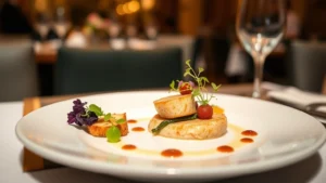Artfully plated fine dining dish with seasonal vegetables, microgreens, and elegant sauce presentation on white porcelain, warm restaurant lighting, shallow depth of field, professional food photography style