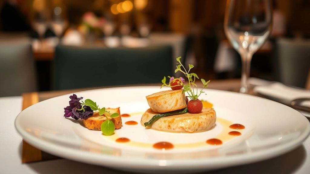 Artfully plated fine dining dish with seasonal vegetables, microgreens, and elegant sauce presentation on white porcelain, warm restaurant lighting, shallow depth of field, professional food photography style