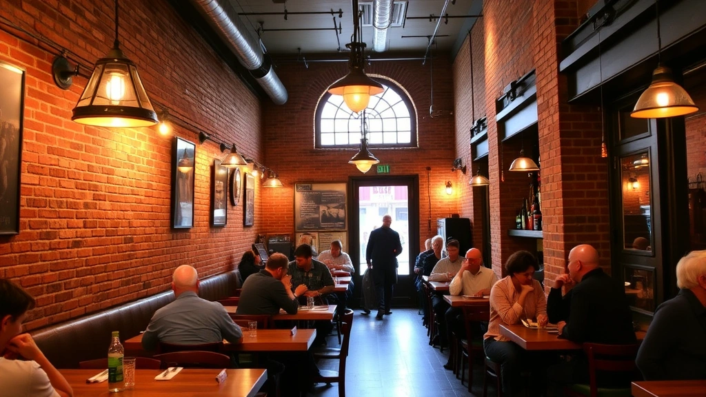 Bustling Over-the-Rhine restaurant interior with exposed brick walls, vintage pendant lighting, wooden tables, and diners enjoying meals, warm atmospheric lighting capturing neighborhood ambiance