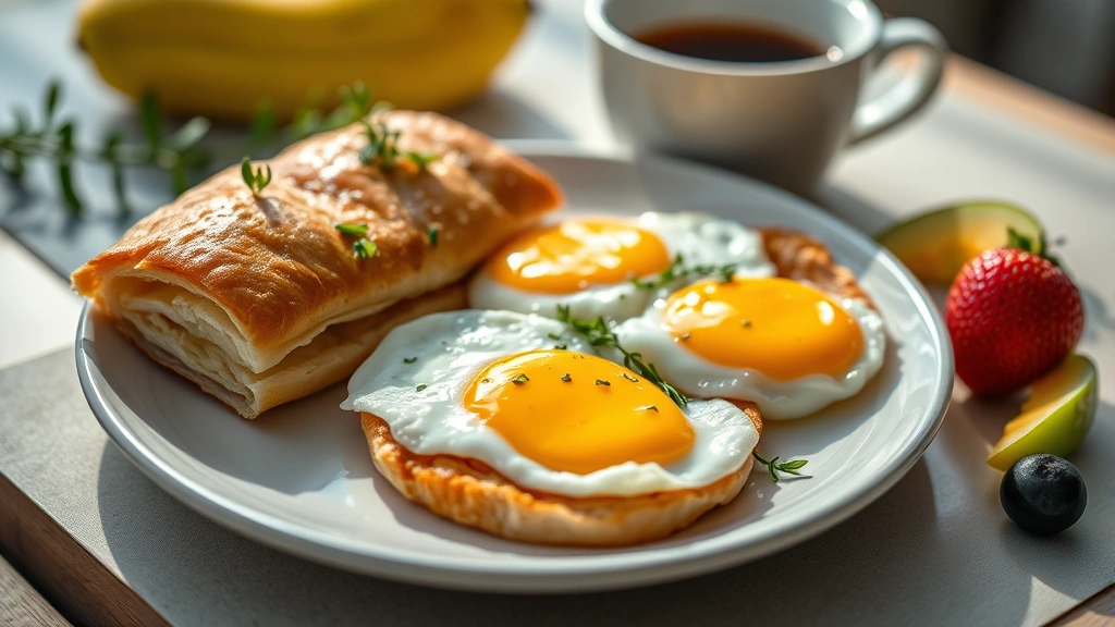 Close-up of gourmet breakfast plate featuring perfectly cooked eggs, house-made pastry with flaky layers, fresh herbs, seasonal fruit, and coffee cup, morning natural light, food styling composition