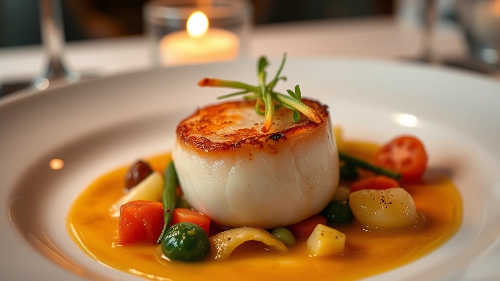 Elegantly plated fine dining dish featuring seared scallop with golden crust, surrounded by colorful seasonal vegetables and delicate sauce drizzle, warm restaurant lighting, close-up shot