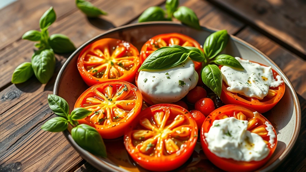 Farm-fresh heirloom tomatoes slow-roasted until caramelized, glistening with olive oil, accompanied by fresh basil and burrata cheese, rustic wooden table, natural daylight