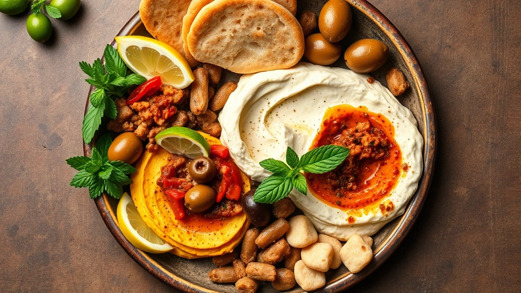 Overhead flat lay of Mediterranean mezze platter featuring hummus, baba ghanoush, dolmas, olives, fresh pita bread, and garnish of fresh mint and lemon wedges on rustic ceramic plate
