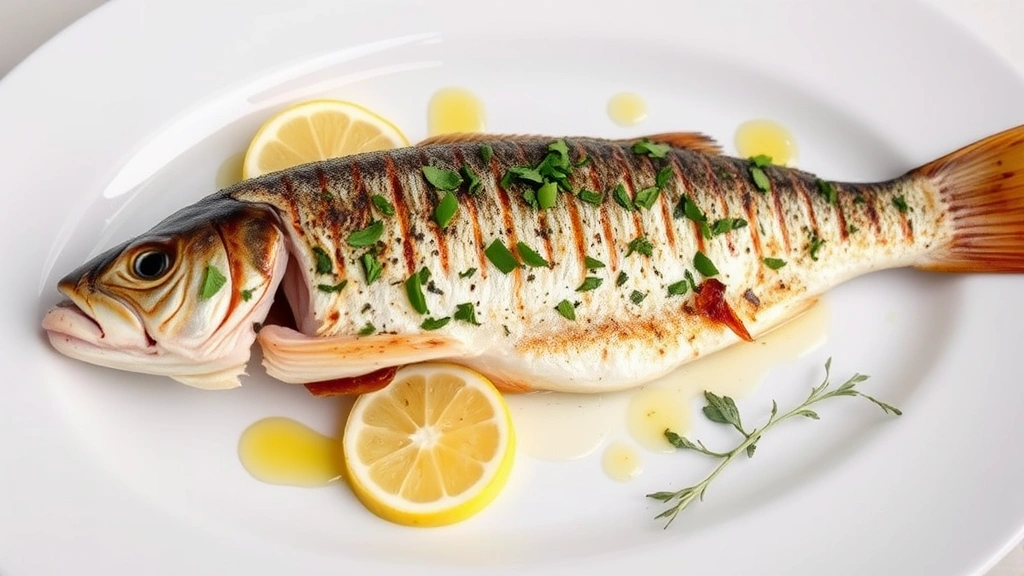 Whole grilled branzino fish with crispy skin, fresh herbs, lemon slices, and drizzle of olive oil on white plate with Mediterranean garnishes and subtle plating artistry