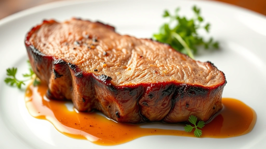 Close-up of perfectly seared duck breast with crispy skin, arranged on white plate with microgreens and glossy sauce drizzle, professional plating