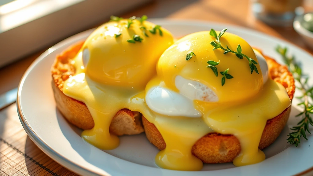 Golden-brown eggs Benedict with perfectly poached eggs, creamy hollandaise sauce, crispy English muffin, fresh herbs garnish, morning sunlight