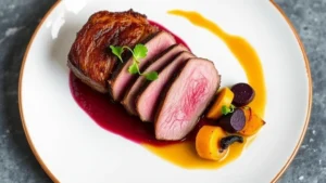 Perfectly seared duck breast with crispy skin, served with roasted beets purée and charred root vegetables, garnished with fresh microgreens and citrus gastrique on white ceramic plate