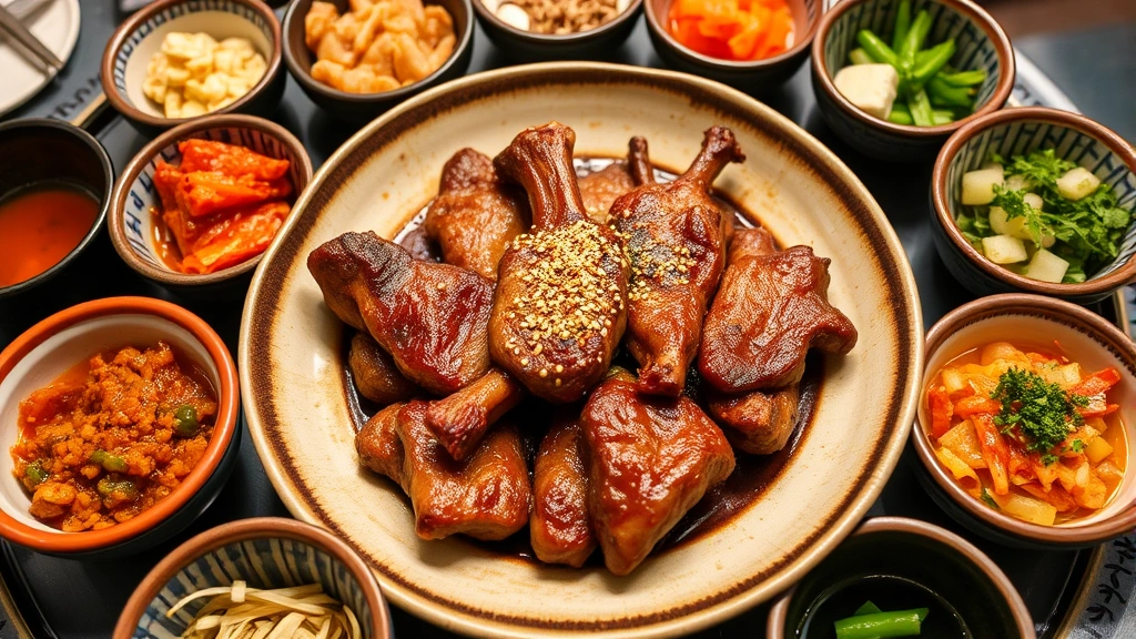 Colorful array of Korean banchan side dishes in small ceramic bowls surrounding a central dish of grilled marinated meat with sesame seeds, featuring kimchi, pickled vegetables, and fresh herbs