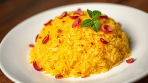 Golden saffron-infused basmati rice with crispy tahdig bottom layer on white plate, garnished with dried rose petals and fresh mint sprigs, professional food photography studio lighting, shallow depth of field