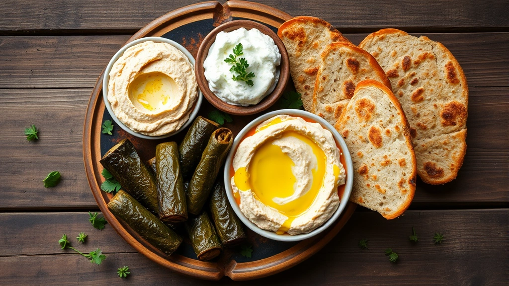 Overhead shot of Mediterranean mezze platter with hummus, whipped feta, charred eggplant dip, stuffed grape leaves, and flatbread with olive oil drizzle on rustic wooden table with fresh herbs scattered around