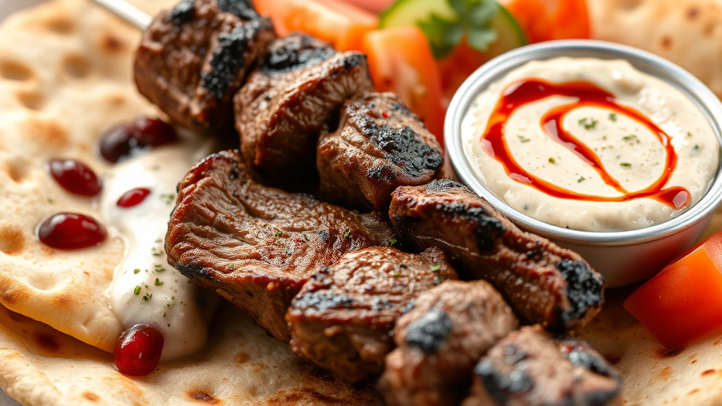 Close-up of grilled lamb kebab with charred exterior, served alongside warm pita bread, fresh tomatoes, cucumbers, and creamy tahini sauce with pomegranate molasses drizzle