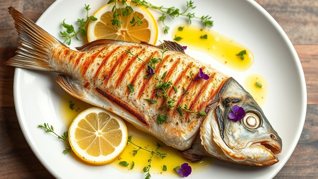 Whole grilled branzino fish on white plate with crispy skin, lemon wedges, fresh herbs, and drizzle of herb-infused olive oil, garnished with microgreens and edible flowers