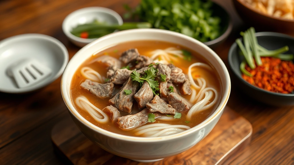 Steaming bowl of traditional beef pho with clear golden broth, rice noodles, thin rare beef slices, fresh green herbs in background on wooden table