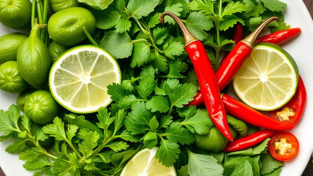 Close-up of fresh Vietnamese herb plate with Thai basil, cilantro, sawtooth coriander, mint leaves, lime wedges, and sliced chilies arranged artfully