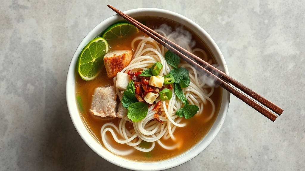 Overhead view of completed pho bowl with aromatic steam rising, showing perfectly balanced noodles, broth, protein, and garnishes with chopsticks resting on bowl rim