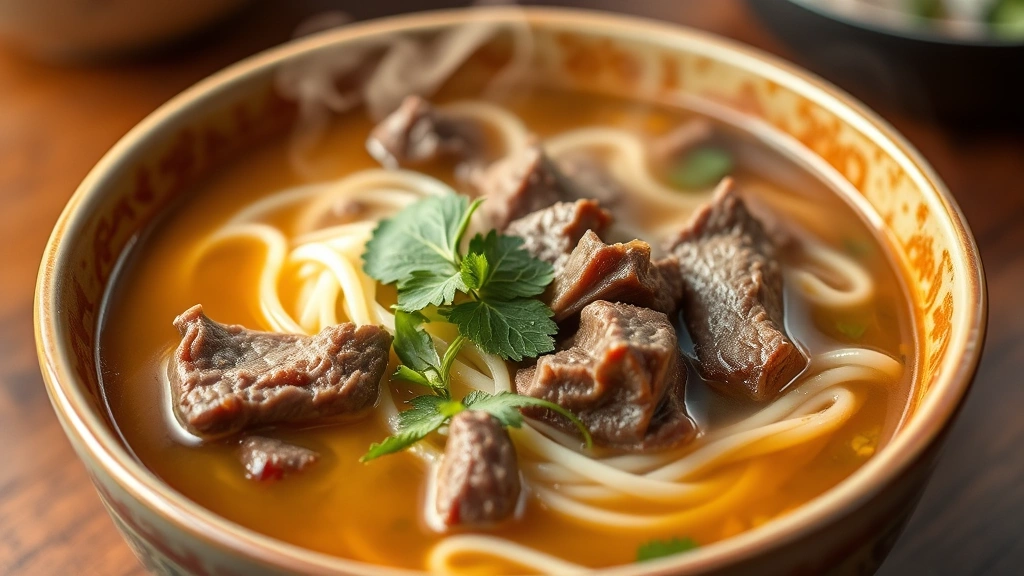 Steaming bowl of pho bo with tender beef slices, rice noodles submerged in golden-amber broth, fresh Thai basil and cilantro sprigs garnishing the surface, aromatic steam rising, traditional Vietnamese ceramic bowl, professional food photography with shallow depth of field