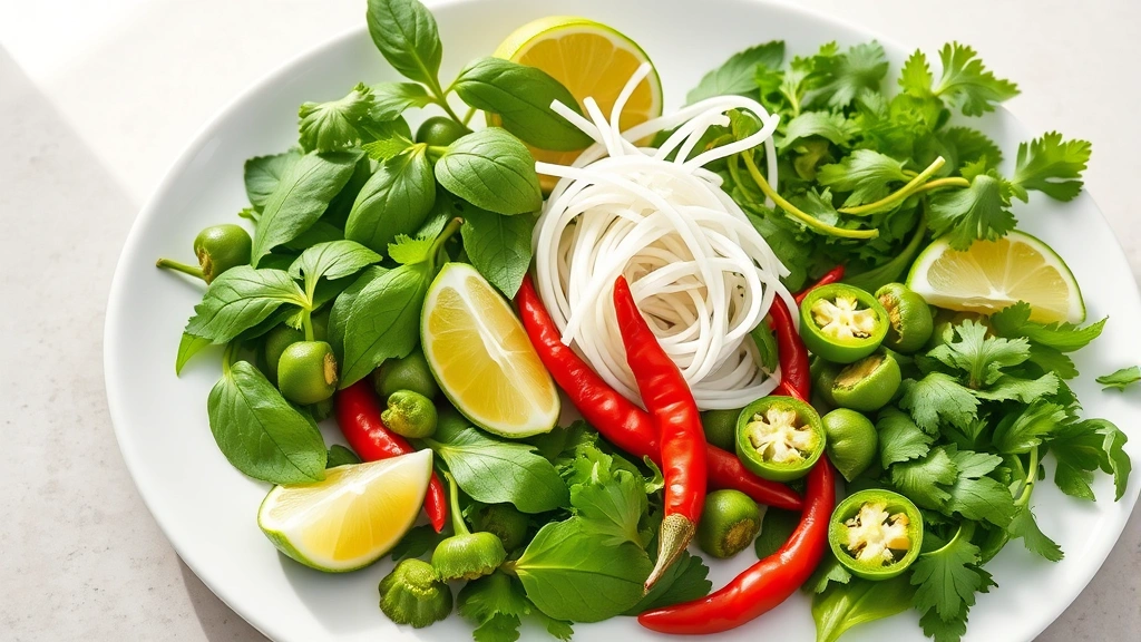 Vietnamese herb and garnish platter artfully arranged with fresh Thai basil, Vietnamese cilantro, bean sprouts, lime wedges, sliced jalapeños, and Thai chilies on white porcelain, natural lighting highlighting vibrant green colors and fresh textures