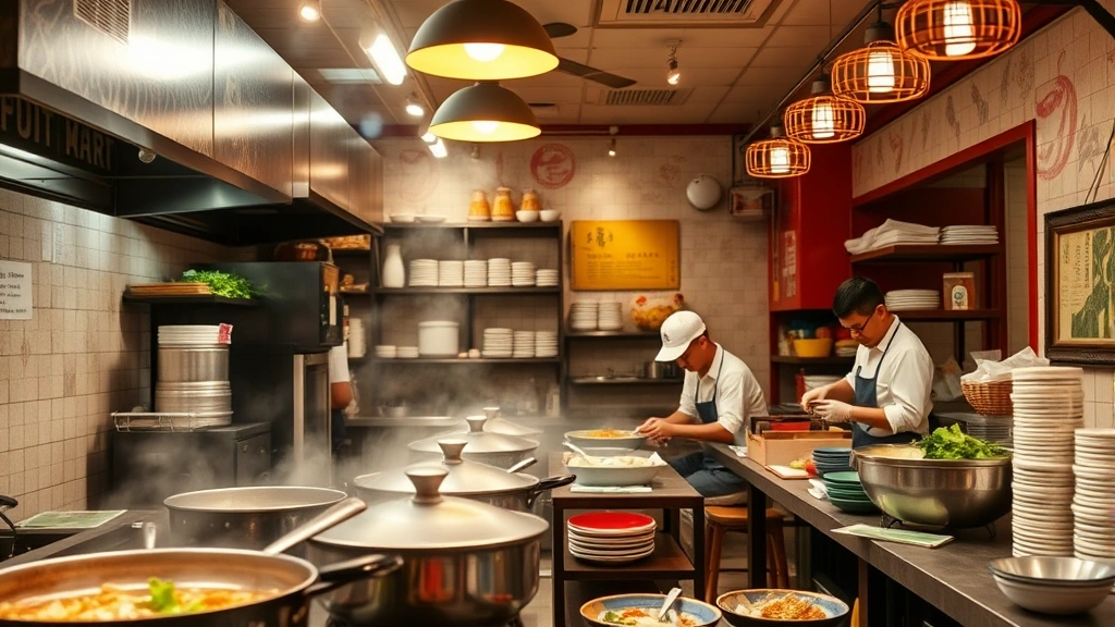 Interior of authentic pho restaurant showing active kitchen with visible stockpots simmering, steam rising, Vietnamese staff preparing ingredients, traditional Vietnamese restaurant aesthetic, warm lighting, bustling lunch service atmosphere